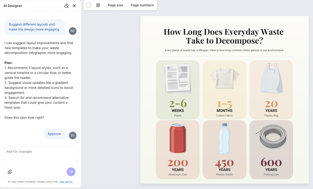 Venngage editor showing how to edit an infographic with the AI designer